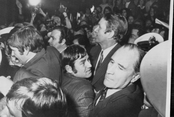 Prime minister Malcolm Fraser gets a rough reception at Monash University in 1976.  