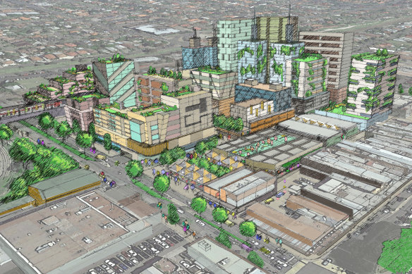 An artist impression of what could be allowed under the draft controls, viewed from the southeast with the market in the centre and apartment buildings in the background.