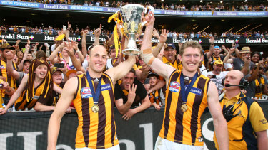 Ben McEvoy (right) and David Hale celebrate the 2015 premiership.