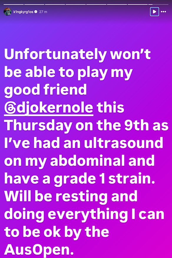 Nick Kyrgios’ post on Instagram.