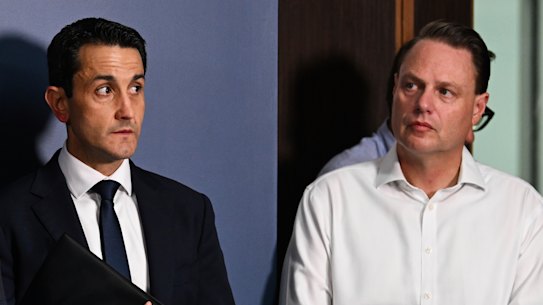 Prime Minister Anthony Albanese, Queensland Premier David Crisafulli and Brisbane Lord Mayor Adrian Schrinner fielding questions at a press conference about government preparations ahead of Cyclone Alfred.