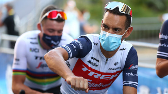 Sign of the times: Australia's Richie Porte wears a face mask at the Tour de France team presentation.