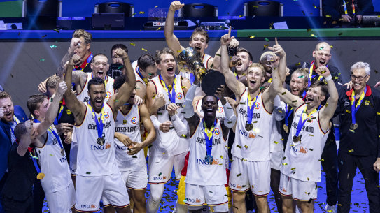 Germany celebrates their first World Cup basketball win.