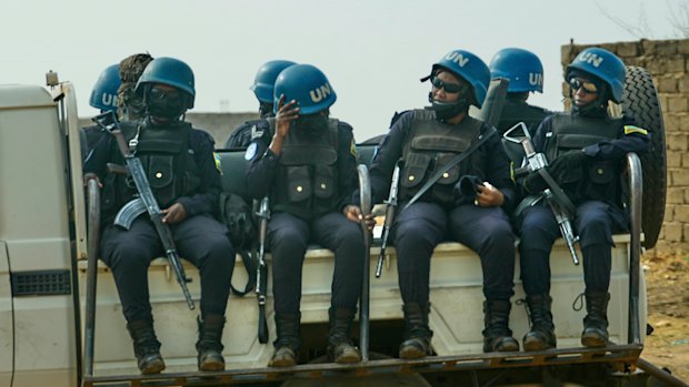 UN peacekeepers patrol the street in Juba, South Sudan, in February.