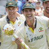 The Australian team celebrate winning the World Test Championship.