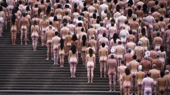 Art lovers on the steps of the Sydney Opera House for photographer Spencer Tunick in 2010.