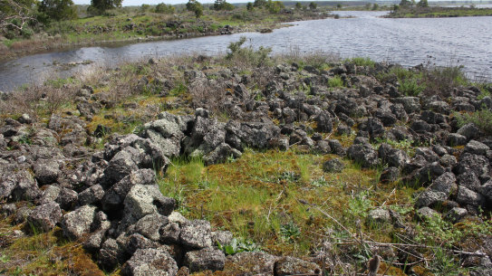 The remains of an ancient Indigenous stone house at Lake Condah, part of the Budj Bim landscape.