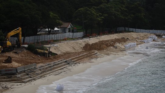 Works to replace the seawall at Shark Beach, Vaucluse, began in March 2022 but have been dogged by relentless rain.