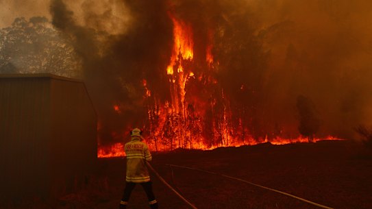 Firefighters protect property on Lakes Way, north of Forster, on the weekend.