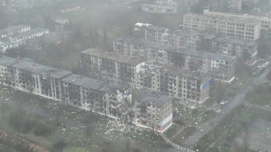 This image made from a December 2025 video provided by the Ukrainian Defence Forces shows the heavily bombed city of Myrnohrad in eastern Ukraine’s Donetsk region.