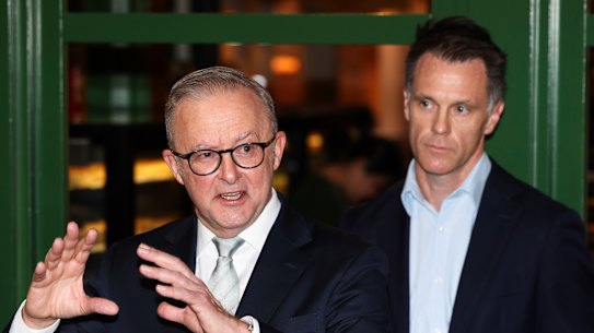 Prime Minister Anthony Albanese and NSW Premier Chris Minns at a press conference during a visit to Paddy’s Markets in Sydney, NSW, in the electorate of Sydney on Wednesday 9 April 2025, during the 2025 federal election campaign. fedpol Photo: Alex Ellinghausen