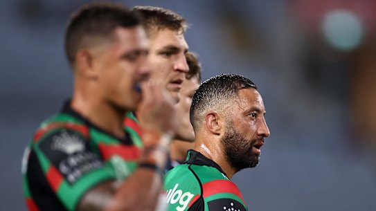 Benji Marshall of the Rabbitohs looks on after another Storm try against Melbourne last week.