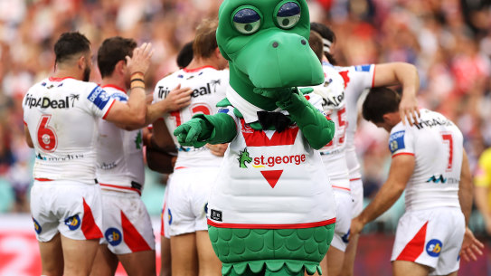 Happy Dragon signals a try for Jaydn Su’A against the Roosters. 