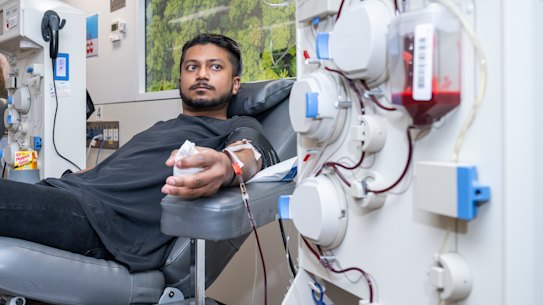 Fasal Bhuiyan donating plasma at Lifeblood Sydney Town Hall Donor Centre.