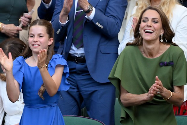 Princess Charlotte and Catherine, Princess of Wales at the 2026 Wimbledon Tennis Championships at the All England Lawn Tennis and Croquet Club on July 12, 2026 in London, England.