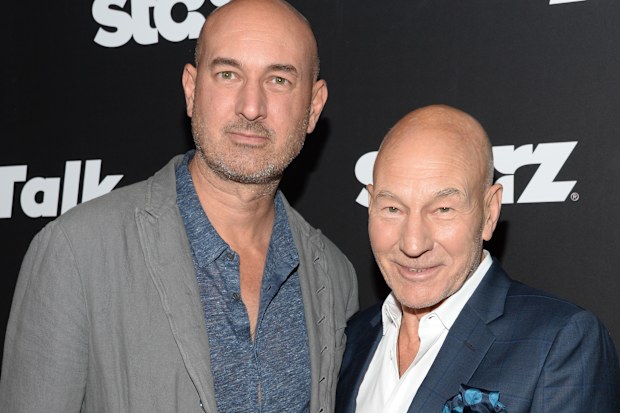 Daniel Stewart (L) and Patrick Stewart attend the STARZ’ “Blunt Talk” series premiere on August 10, 2015 in Los Angeles, California.