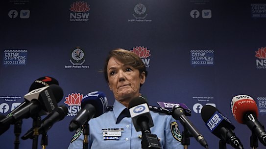 NSW Police Commissioner Karen Webb during a press conference updating on Strike Force Ashfordby, investigating the murder of Jesse Baird and Luke Davies. Sydney, NSW. February 26, 2024. Photo: Kate Geraghty