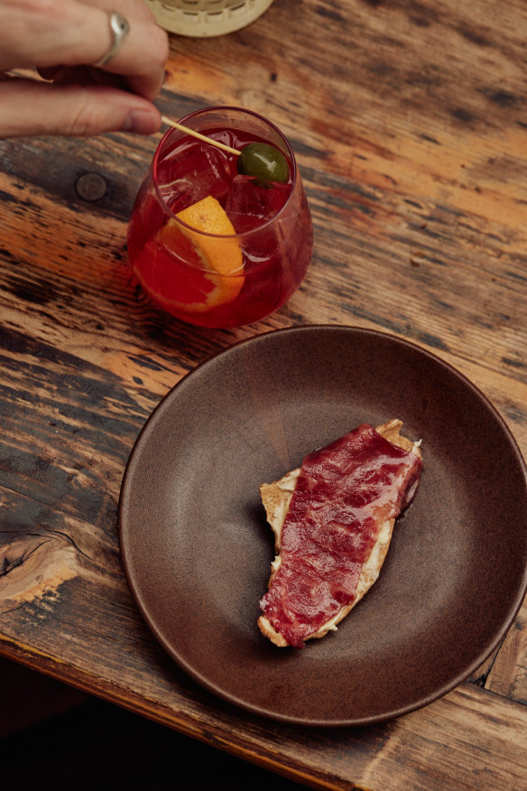 Wagyu and bone marrow on a sourdough cracker at Neighbourhood Wine.