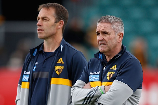 Then Hawthorn senior coach Alastair Clarkson with then General Manager Football Operations Chris Fagan in 2015.