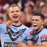 Tom Trbojevic and Nathan Cleary celebrate a try in Origin I.