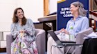 Independent Nicolette Boele (right) and Liberal Gisele Kapterian share a joke at North Shore Synagogue In Lindfield, Sydney, on Tuesday night.