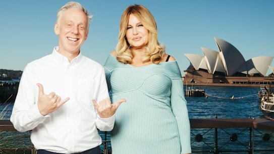 Jennifer Coolidge and Mike White from The White Lotus during a Vivid Sydney press conference. 