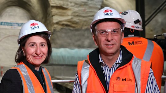 Premier Gladys Berejiklian and Transport Minister Andrew Constance at the site of a metro train station last year.