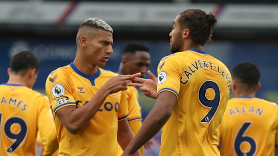 Richarlison (left) and Dominic Calvert-Lewin celebrate and Everton goal against Palace.