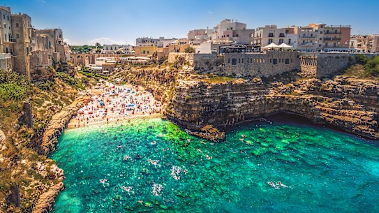 Polignano a Mare is renowned in Italy for Lama Monachile Cala Porto, a heart-shaped slither of sand formed between the sides of dual cliff faces.
