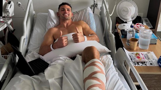 Nathan Cleary posts a photo of himself from his hospital bed.