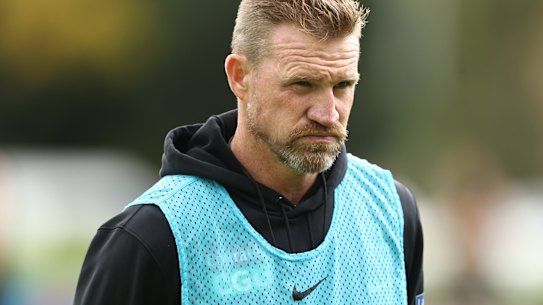 Collingwood coach Nathan Buckley, pictured during a training session at the Holden Centre, is clear that the decision on his coaching future doesn’t rest with new president Mark Korda.
