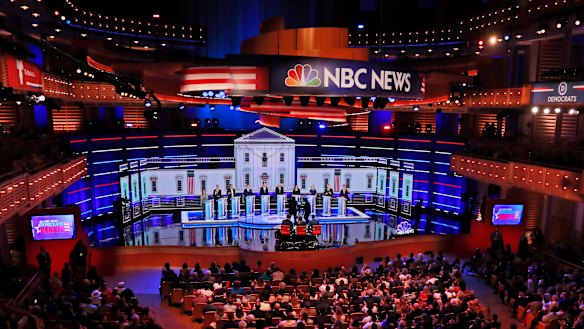 The first debates of the 2020 primary season took place over two days in Miami. Above, the crowded field on Thursday.