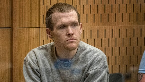 Australian Brenton Harrison Tarrant sits in the dock at the Christchurch High Court for sentencing on Monday.