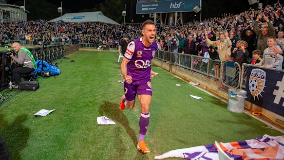 Joel Chianese of Perth Glory celebrates his penalty kick conversion.