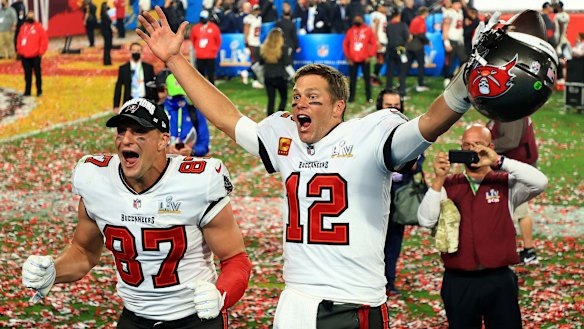 Rob Gronkowski and Tom Brady after defeating the Kansas City Chiefs.
