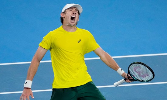 A jubilant Alex de Minaur celebrates his victory over Alex Zverev at the United Cup.