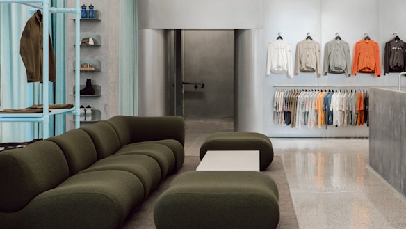 The Collingwood store’s colour palette is soft powder blue for the shelving – originally scaffolding.