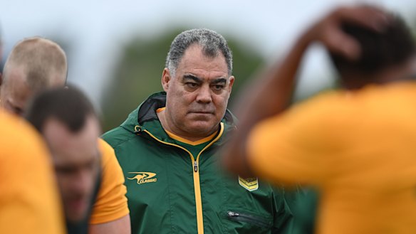 Mal Meninga trains the Kangaroos on Sunday.