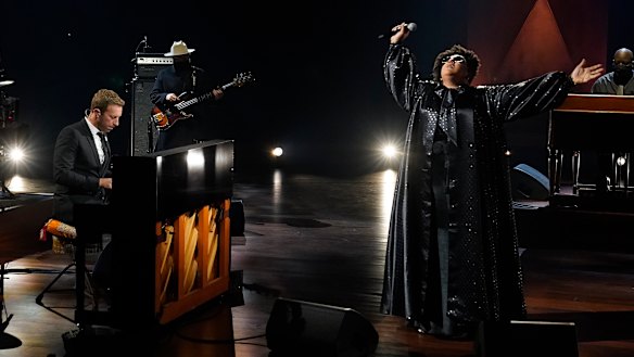 Chris Martin and Brittany Howard performing during the In Memoriam. 