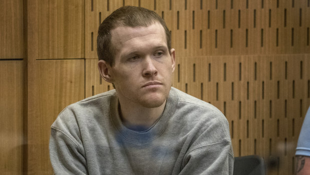 Australian Brenton Harrison Tarrant sits in the dock at the Christchurch High Court for sentencing on Monday.