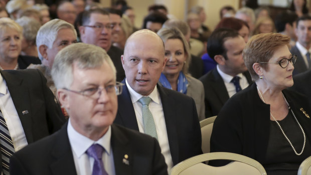 Home Affairs Minister Peter Dutton, pictured next to Foreign Affairs Minister Marise Payne, has previously said the government would "have a look at all" options to disrupt cybercrime.