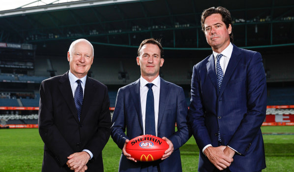 AFL Commission chair Richard Goyder, incoming CEO Andrew Dillon and outgoing chief Gillon McLachlan.