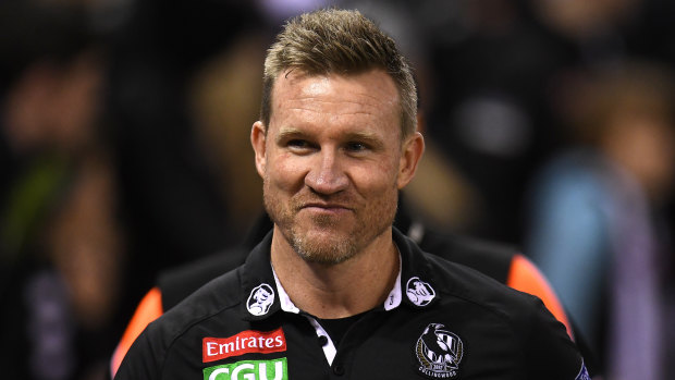 Magpies coach Nathan Buckley after their win against the Lions.
