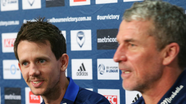 Welcome back: Robbie Kruse (left) with Melbourne Victory coach Marco Kurz on Thursday.