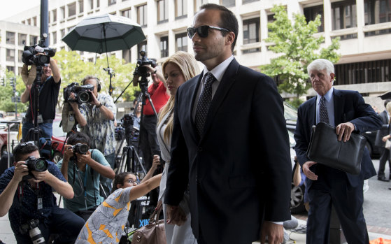 George Papadopoulos, former campaign adviser to Donald Trump, arrives for sentencing at federal court in Washington on  Friday.