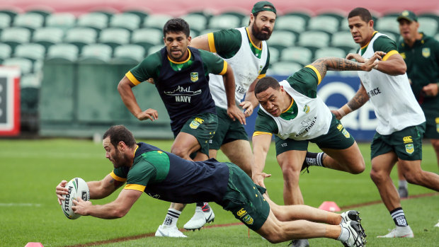 In the corner: Captain Boyd Cordner crosses the line training for a rare try during Kangaroos training on Wednesday.
