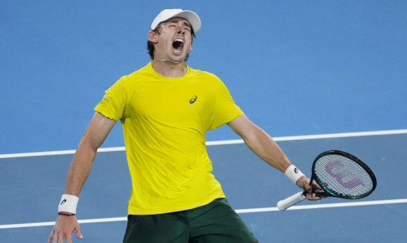 A jubilant Alex de Minaur celebrates his victory over Alex Zverev at the United Cup.