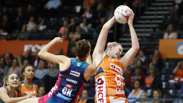 Kristina Brice catches the ball under pressure during the Giants win in Sydney.