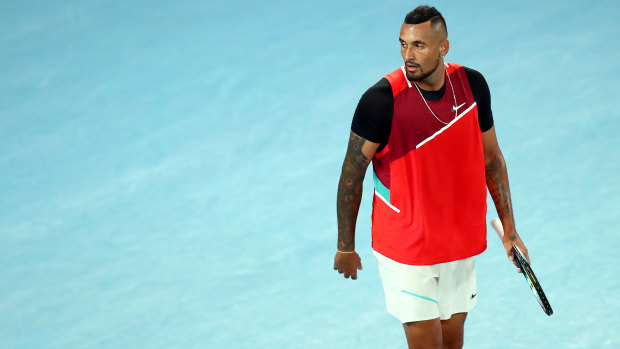 Kyrgios looks on in his match against Daniil Medvedev.