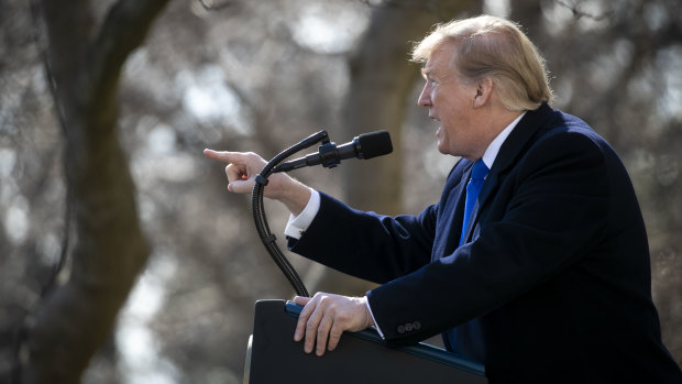 Donald Trump in the Rose Garden at the White House to announce the use of emergency powers to build his wall.